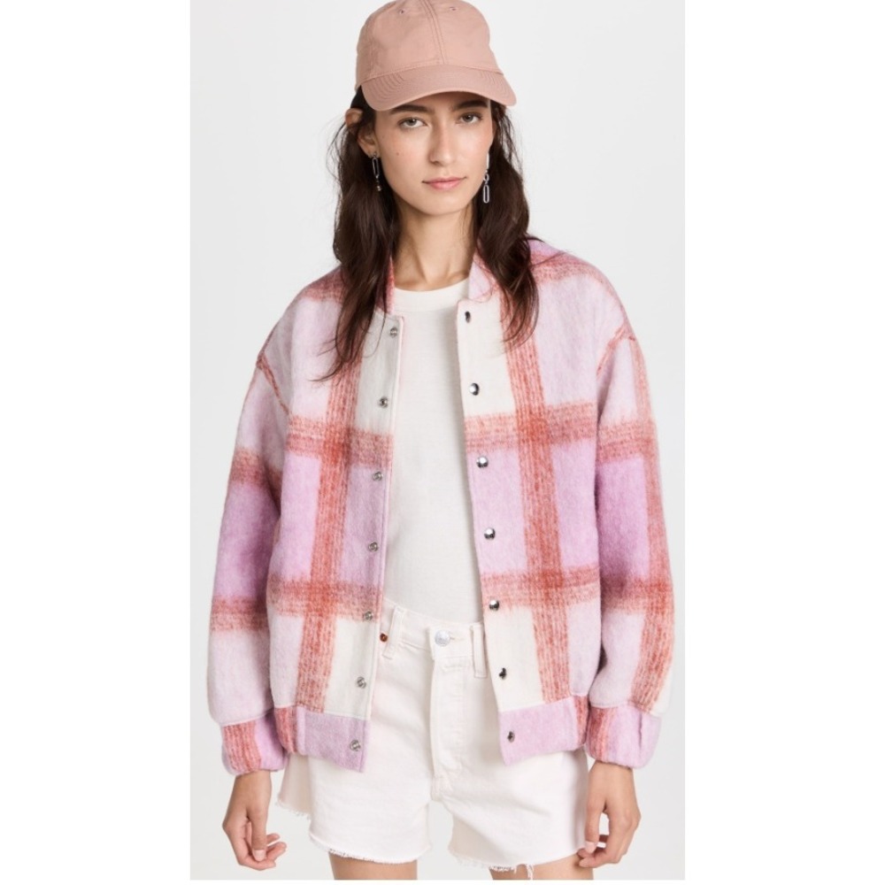 IRO Lahiana Pink Plaid Wool Blend Fleece Bomber Jacket Cropped FR Size 36 US 4 S